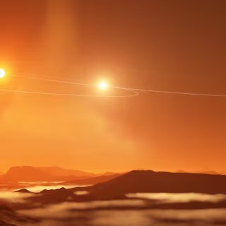 Impression d'artiste d'un système stellaire binaire, vu depuis la surface d'une exoplanète orbitant autour. © NRAO, AUI, NSF, S. Dagnello